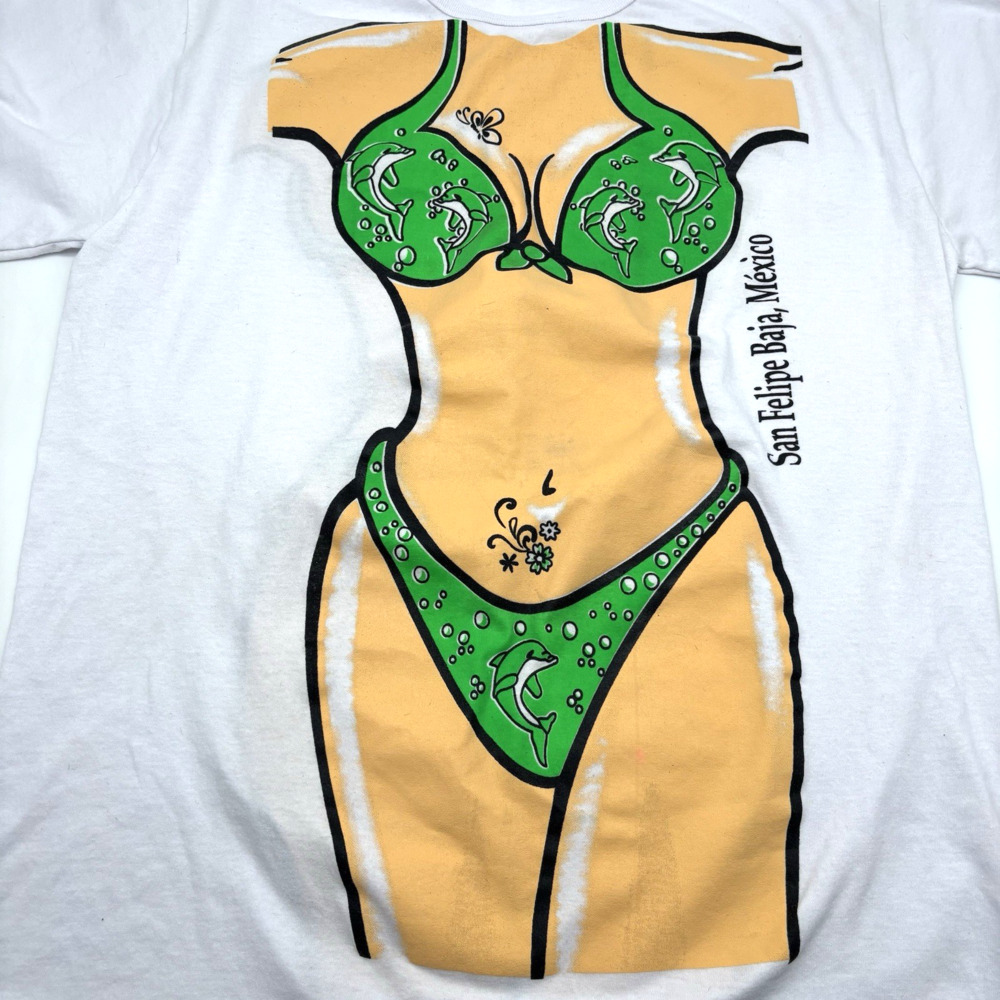 1990s San Felipe Baja Green Dolphin Thong Bikini Body Tattoo Cover Up Shirt XL